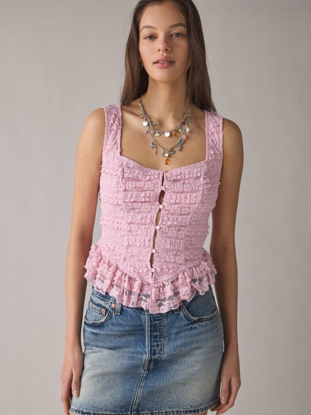Kimchi Blue Amara Ruffle Lace Button-Front Tank Top
